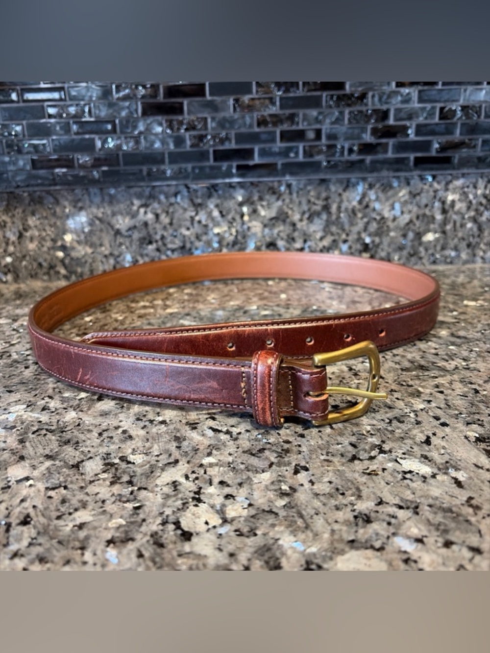 Vintage LL Bean Mens Sz 36 Belt Leather Mahogany RN #71341 Square Brass Buckle